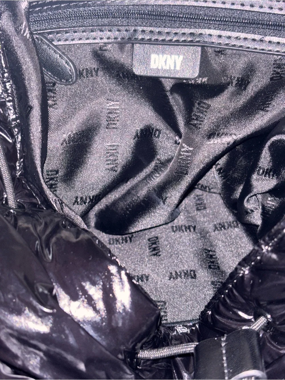 DKNY Shiny Black Quilted Nylon Puffer Backpack